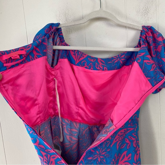 Lilly Pulitzer Jada Off-The-Shoulder Romper  Size 0 Pink Blue Missing Tie Waist - Picture 12 of 15